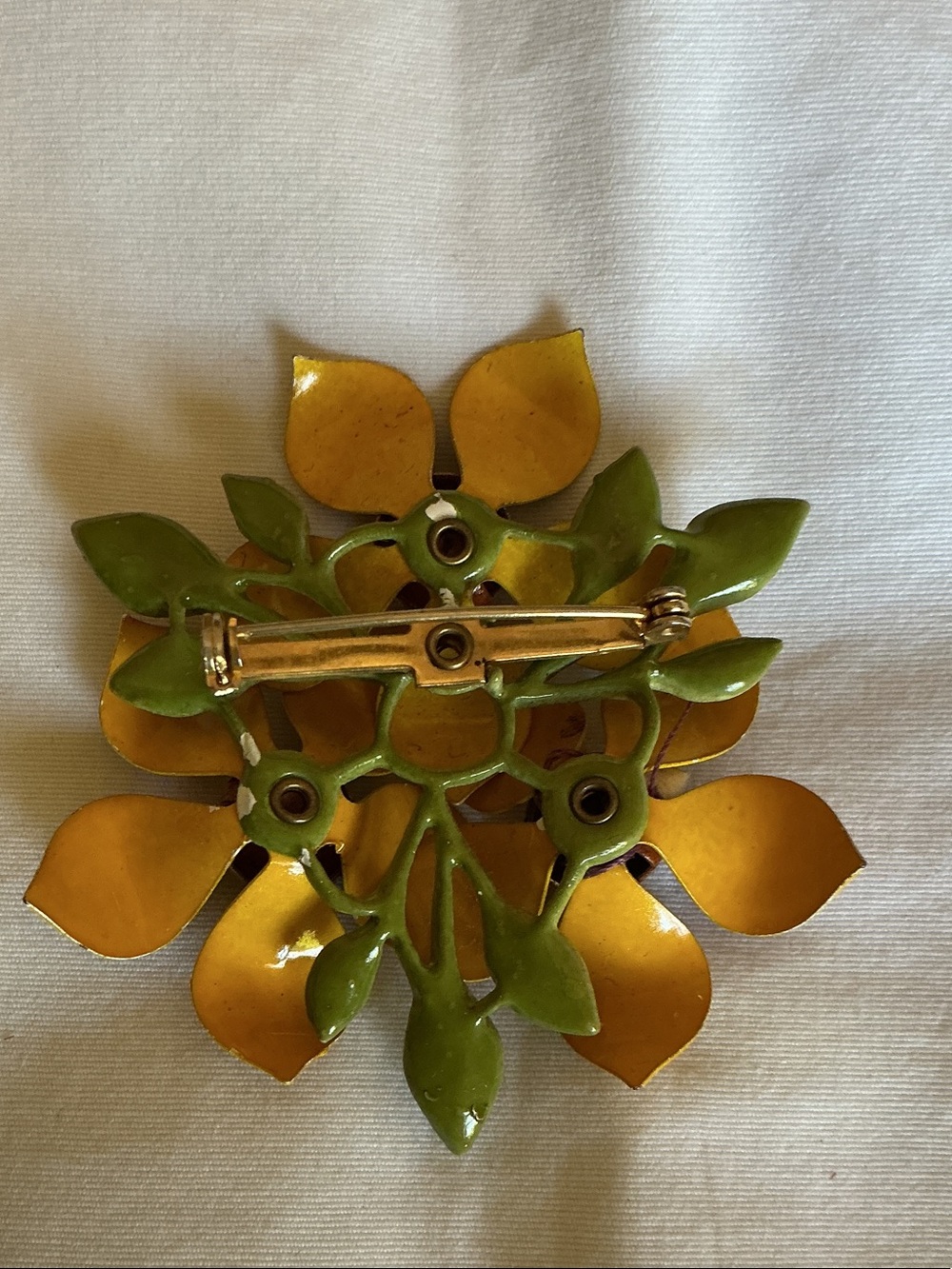 Yellow Enamel Flower Brooch with Green Leaves - Picture 2 of 3